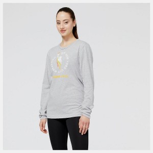 Tops New Balance NYC Marathon Finisher Course Map Estampadas Long Sleeve Mujer Gris | EC 2208QZ
