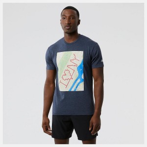 Tops New Balance Run For Life Boroughs Estampadas Sleeve Hombre Azul Marino | EC 1566OR