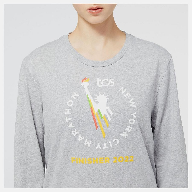 Tops New Balance NYC Marathon Finisher Course Map Estampadas Long Sleeve Mujer Gris | EC 2208QZ