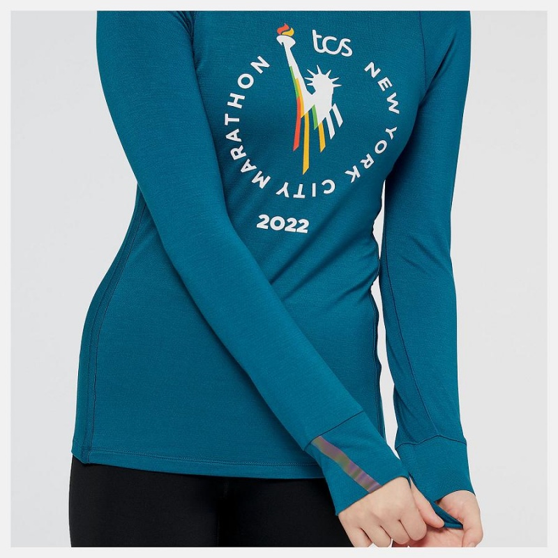 Tops New Balance NYC Marathon Q Speed 1NTRO Long Sleeve Mujer Azules | EC 2220DN