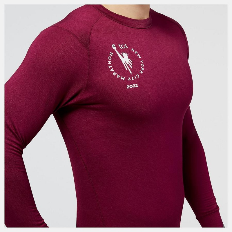 Tops New Balance NYC Marathon Q Speed 1NTRO Long Sleeve Hombre Rojas Oscuro | EC 1549KI